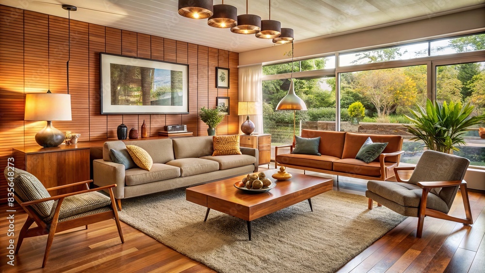 ภาพประกอบสต็อก Warm mid century modern living room with carefully