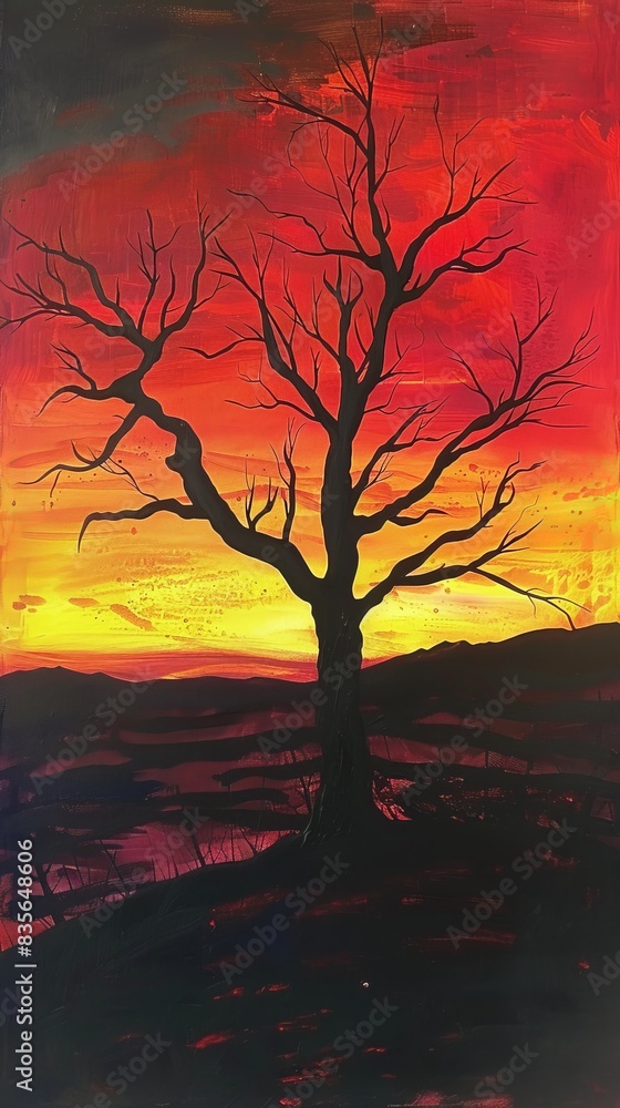 Silhouette of a leafless tree against a vibrant sunset Silhouette of a leafless tree against a vibrant sunset