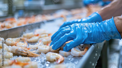 Quality inspection of farmed shrimp on a conveyor of a shellfish and pranws production plant photo