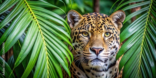 Jaguar peeking out from behind large monstera leaves in jungle background, jaguar, monstera leaves, jungle, wildlife, animals, nature, exotic, tropical, foliage, predator, big cat, hiding photo