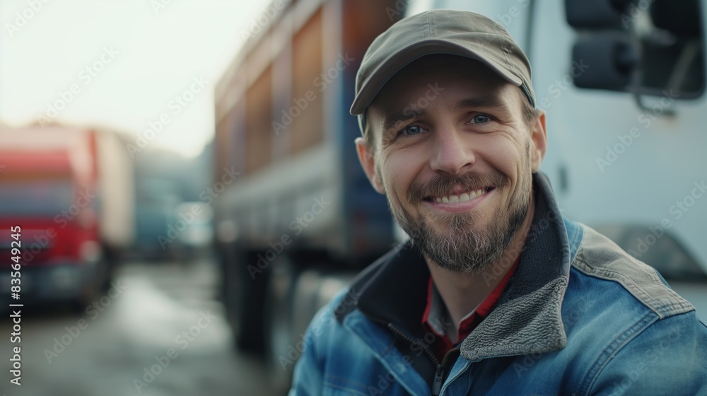 Smiling truck driver in front of semi trailer. Smiling truck driver in front of semi trailer.