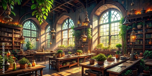 A classroom in a school of witchcraft and wizardry filled with materials for magic, brightly lit and surrounded by plants, magic, witchcraft, wizardry, school, classroom, materials, bright photo