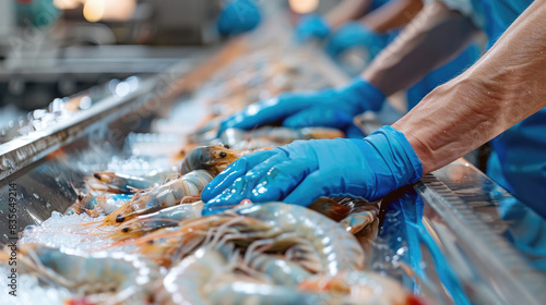 Quality inspection of farmed shrimp on a conveyor of a shellfish and pranws production plant photo