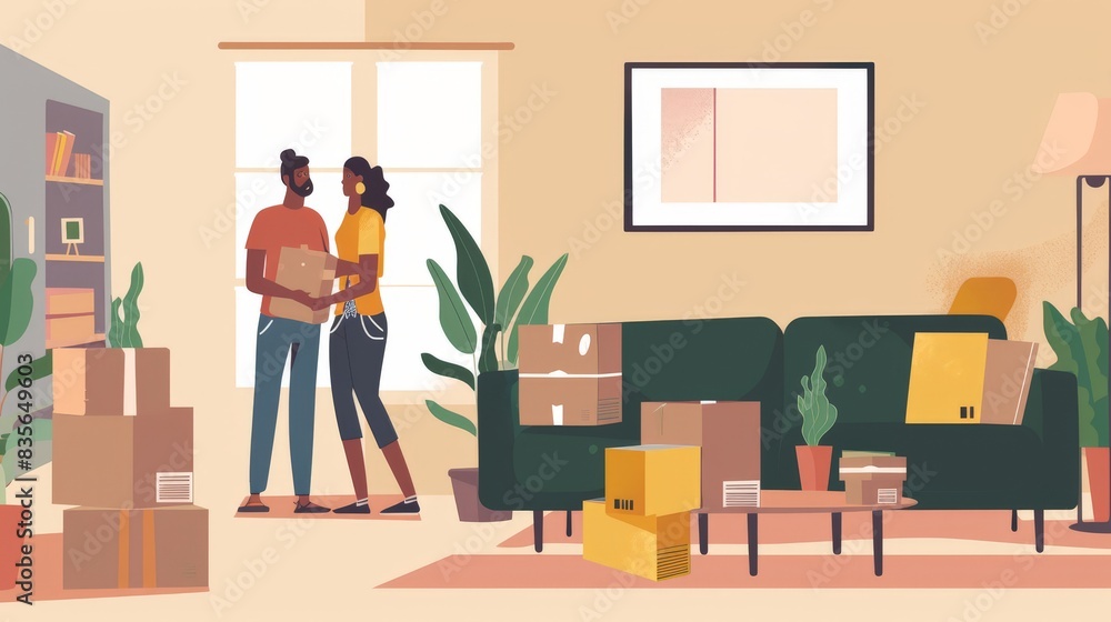 An illustration in 2D flat style showing a couple unpacking boxes in their new living room. The minimalist design captures the beginning of making a new house feel like home. An illustration in 2D flat style showing a couple unpacking boxes in their new living room. The minimalist design captures the beginning of making a new house feel like home.