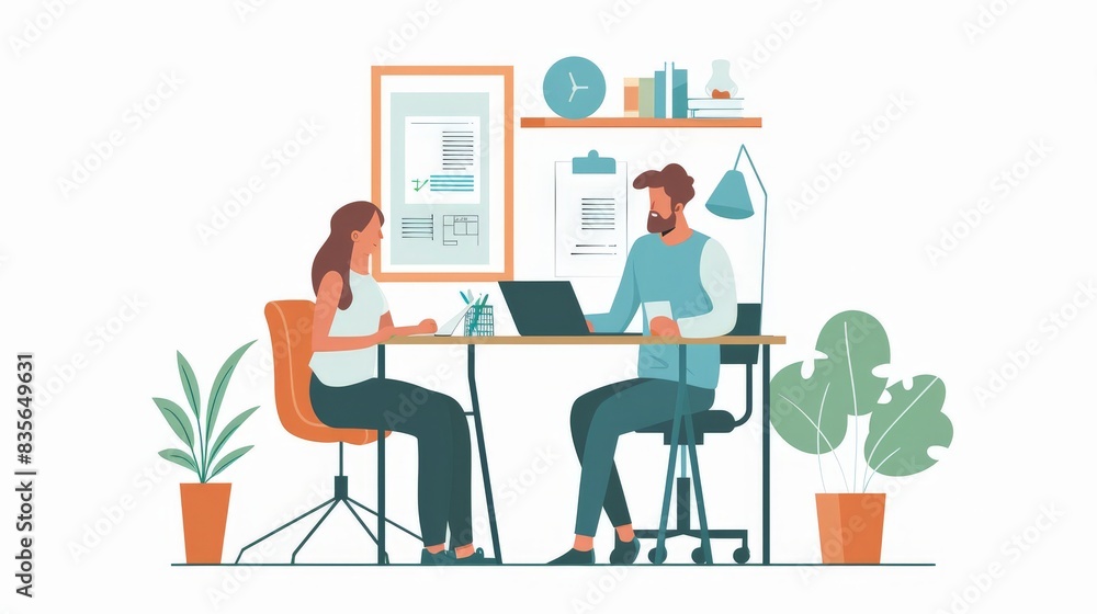 A flat design depiction of a couple sitting at a desk, reviewing their new home's floor plans and documents. The minimalist background focuses on the careful planning and organization required for a A flat design depiction of a couple sitting at a desk, reviewing their new home's floor plans and documents. The minimalist background focuses on the careful planning and organization required for a
