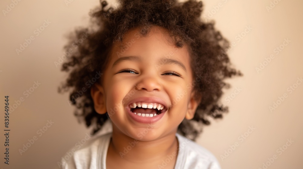 A young child with curly hair smiles joyfully. A young child with curly hair smiles joyfully.