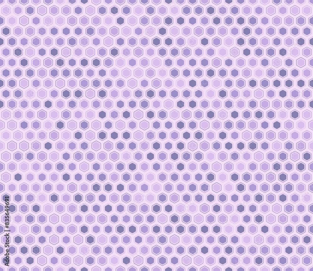 Honeycomb mosaic hexagons background. Rounded hexagons mosaic cells with padding and inner solid cells. Purple color tones. Hexagon shapes. Tileable pattern. Seamless vector illustration. Honeycomb mosaic hexagons background. Rounded hexagons mosaic cells with padding and inner solid cells. Purple color tones. Hexagon shapes. Tileable pattern. Seamless vector illustration.