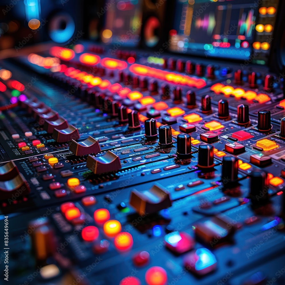 Close-up view of audio console with colorful buttons and displays, blurred background, mixing panel focus, creating a sense of professional atmosphere in music production style. Close-up view of audio console with colorful buttons and displays, blurred background, mixing panel focus, creating a sense of professional atmosphere in music production style.