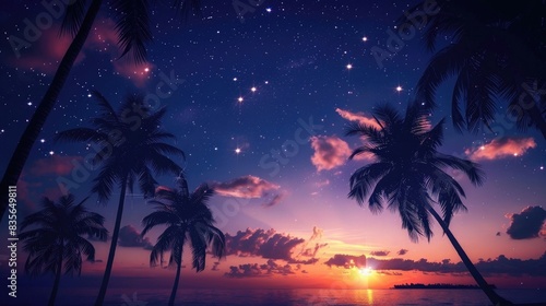 Night landscape with stars, sunset, stars. Silhouette coconut palm trees Vintage tone. Lights of the night city, neon, coast © Ammar
