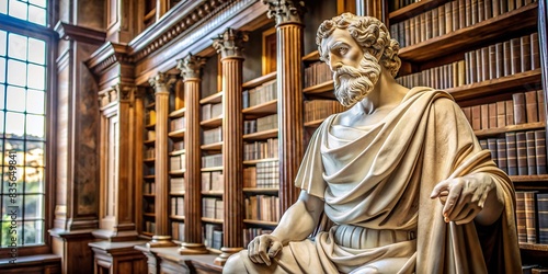 Statue of a stoic philosopher in a library setting , stoic, philosopher, statue, library, ancient, wisdom, intellectual, thoughtful, contemplation, knowledge, academia, education, historic photo