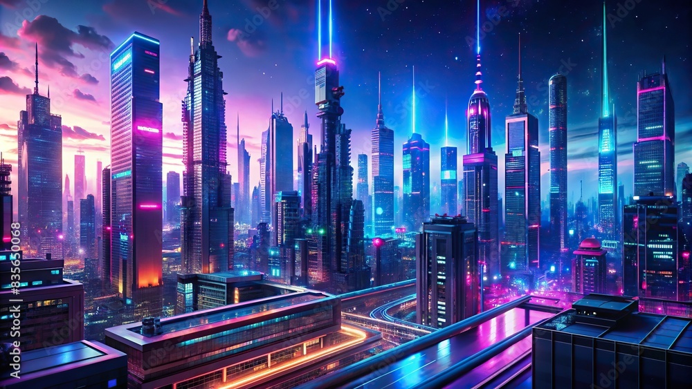 Futuristic cyberpunk cityscape with neon glow signage , rendering ...