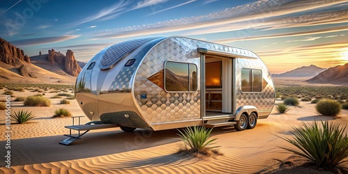 Futuristic caravan in the desert with generative art design, futuristic, caravan, desert, AI, generative art, technology, innovation, abstract, digital, vehicle, landscape, sand dunes