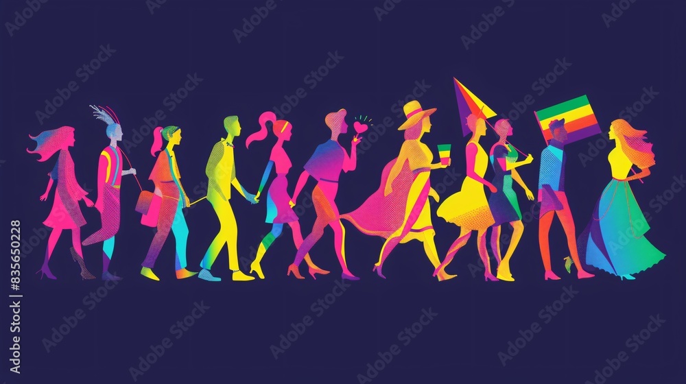 Obraz premium A striking vector illustration capturing the colorful and vibrant essence of LGBTQ+ Pride month, featuring a group of people walking the catwalk, adorned in rainbow-themed attire and accessories,