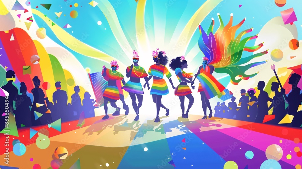 A dynamic vector illustration capturing the vibrant energy of LGBTQ+ Pride month festivities, featuring a group of people marching on the catwalk, adorned with rainbow-colored attire and symbols, A dynamic vector illustration capturing the vibrant energy of LGBTQ+ Pride month festivities, featuring a group of people marching on the catwalk, adorned with rainbow-colored attire and symbols,