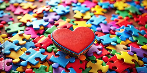 of a colorful puzzle piece surrounded by hearts, symbolizing love and compassion for individuals with autism, autism, neurodivergent, inclusivity, understanding, compassion, love