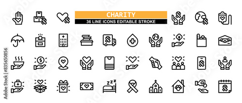 36 Charity Line Icons Set Pack Editable Stroke Vector Illustration.