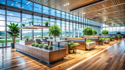 Innovative airport lounge with empty displays, floor reflections, wooden floors, plants, benches, windows, and daylight, airport, lounge, innovative, empty, display, floor reflections © joompon