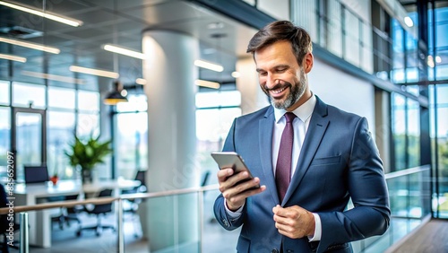 Businessman holding a digital phone in a modern office setting, business, communication, technology, smartphone, professional, connection, internet, mobile, device, corporate, executive