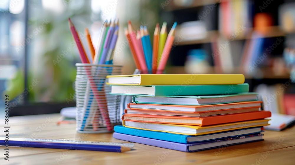 stack of colorful books with pencils on study desk with blur background