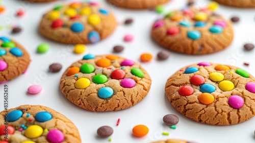 Colorful candy topped cookies on a white background