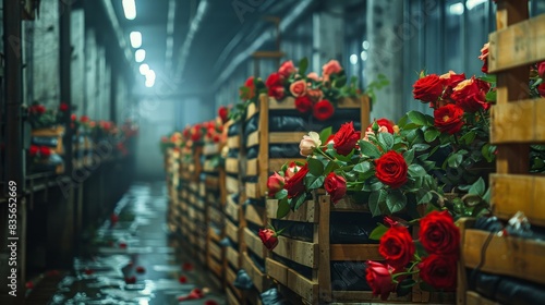 A row of packed crates, each filled with delicate roses, waiting for transport in a dimly lit shipping area