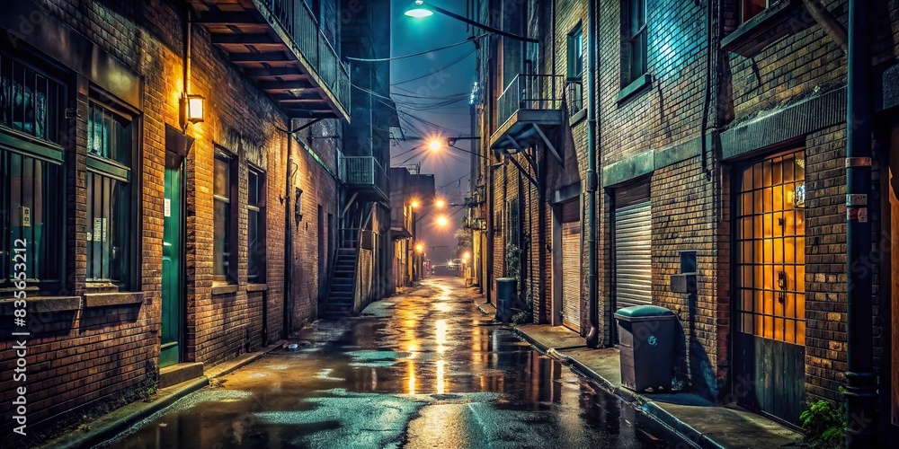 Dark and moody urban alley at night with eerie lighting and wet ...