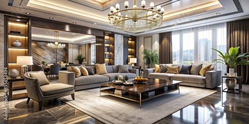Luxurious and spacious modern living room with designer furniture, large, modern, living room, designer, furniture, interior, expensive, elegant, luxurious, comfortable, stylish, chic photo