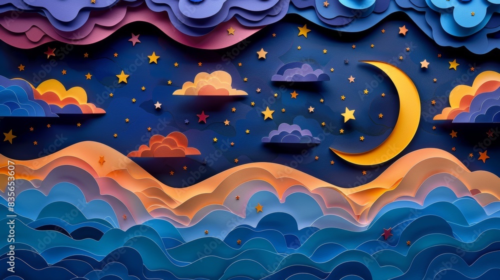 Obraz premium Artistic 3D paper cutout of a starry night sky, featuring a crescent moon and vibrant stars, with layers adding depth and color