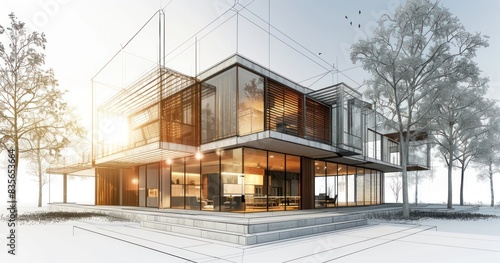Sketch design and drafting of wireframe of building a modern house becoming real. 3d illustration, Digital project visualization.