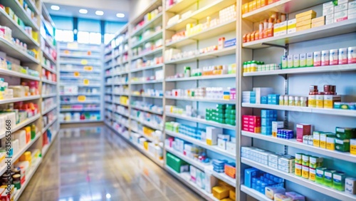 Blurry drugstore background with shelves of medicine and health products , pharmacy, blurred, shelves, medication, drugstore, background, supplies, health, products, vitamins