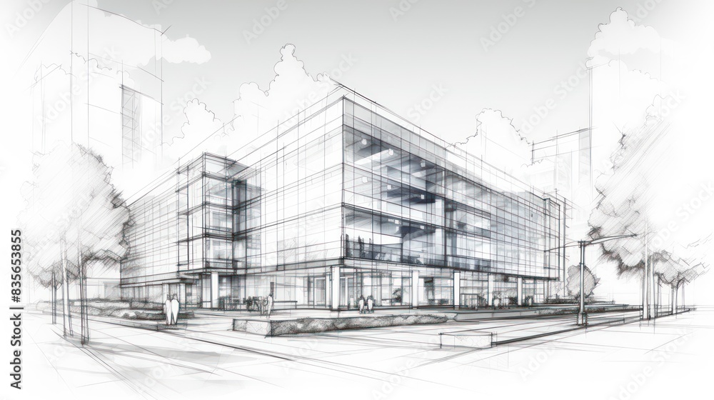 Sketch design and drafting of wireframe building. 3d illustration, Digital project visualization. Sketch design and drafting of wireframe building. 3d illustration, Digital project visualization.
