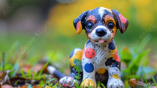 Adorable plasticine puppy with floppy ears, a wagging tail, and spots of various colors, sitting in a grassy park photo