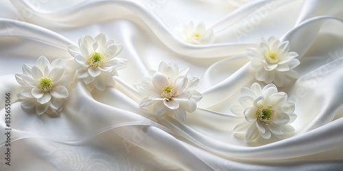 Soft white flowers on a silk background captured in a wavy resin style , silk, soft, white, flowers, wavy, resin, background, high-quality, visually stunning, photography, elegant © joompon