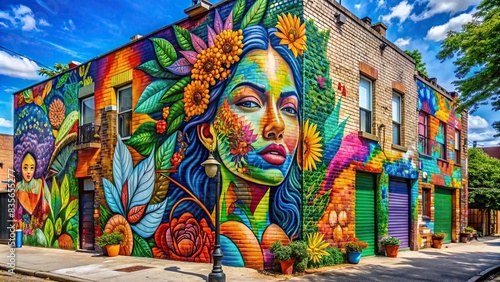 Colorful mural art at Bushwick Gardens in Brooklyn , Mural, art, street art, vibrant, graffiti, urban, city, Brooklyn, Bushwick Gardens, colorful, outdoor, wall, creative, design © sompong