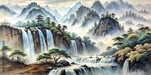 Ink painting of serene mountain landscape with cascading waterfall on handmade rice paper , ink painting, mountain, landscape, waterfall, serene, peaceful, traditional, art, handmade photo