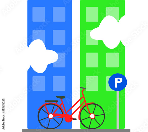 red bicycle parkir in the town illustration photo