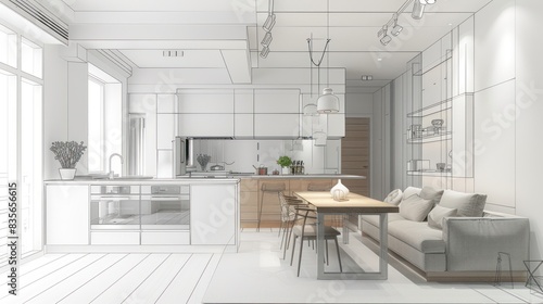 Beautiful Stylish kitchen interior sketch design and drawing with modern furniture. Combination of photo and sketch