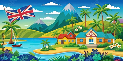 Vibrant and colorful cartoon of Fiji , Fiji, colorful, cartoon,tropical, paradise, vibrant, exotic, island, vacation, travel, palm trees, beach, sea, ocean, beautiful, flora, fauna photo