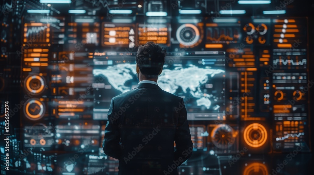 Businessman analyzing global data on multiple screens in a high-tech control room Businessman analyzing global data on multiple screens in a high-tech control room