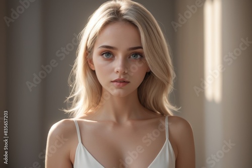 Beautiful blonde woman wearing white dress. Facial treatment, Skincare, Cosmetology, plastic surgery