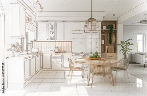 Beautiful Stylish kitchen interior sketch design and drawing with modern furniture. Combination of photo and sketch