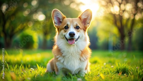 Adorable corgi sitting on green grass, cute, pet, dog, animal, fluffy, adorable, white, small, playful, happy, breed, domestic, purebred, fur, eyes, ears, smile, grass