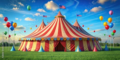 Colorful circus tent with striped canopy and balloons, without people, circus, tent, canopy, colorful, balloons, streamers, festive, celebration, entertainment, performance, amusement
