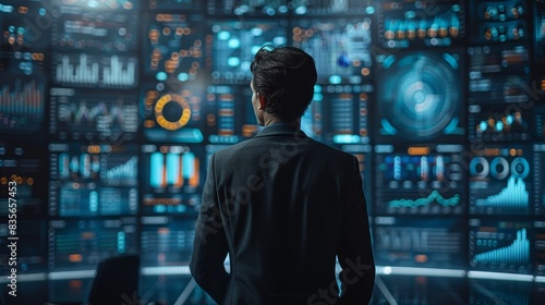 Business professional reviewing data analytics on large digital screens in a dark control room