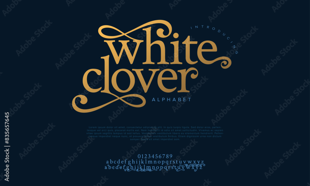 White clover premium luxury elegant alphabet letters and numbers. Vintage wedding typography classic serif font decorative vintage retro. creative vector illustration White clover premium luxury elegant alphabet letters and numbers. Vintage wedding typography classic serif font decorative vintage retro. creative vector illustration