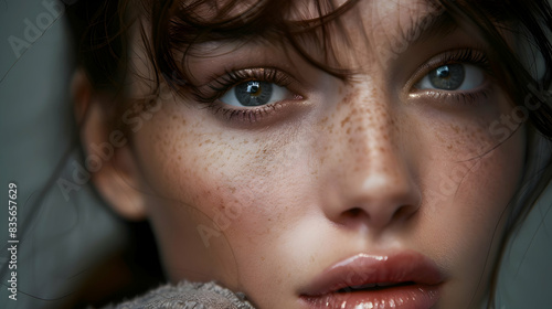 A close-up shot of a female model's face with flawless makeup and expressive eyes, captured in high detail under professional lighting