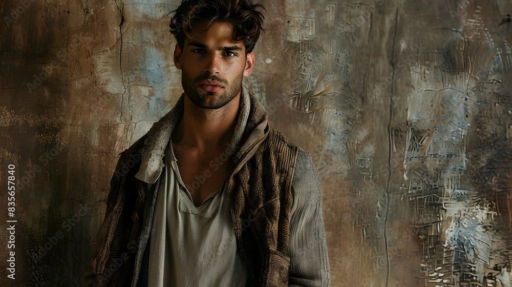 A male model with a rugged look and casual attire posing against a textured backdrop, with lighting emphasizing the texture of his outfit and background A male model with a rugged look and casual attire posing against a textured backdrop, with lighting emphasizing the texture of his outfit and background