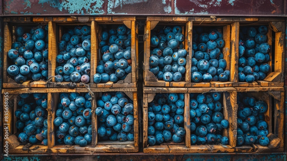 Blueberry crates arranged in a truck, ready for delivery, with vibrant blue fruits peeking through the slats Blueberry crates arranged in a truck, ready for delivery, with vibrant blue fruits peeking through the slats