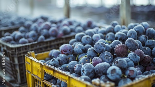 Wallpaper Mural Blueberry crates lined up in a refrigerated storage, prepared for shipment to markets, with frost mist visible Torontodigital.ca