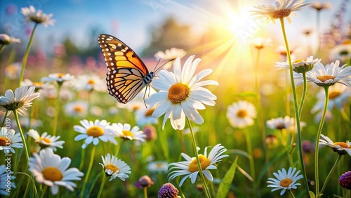 Beautiful wild flowers daisies and butterfly in morning sunlight in spring , wildflowers, daisies, butterfly, morning, sunlight, spring, nature, beauty, flora, fauna, garden, outdoor, meadow © sompong